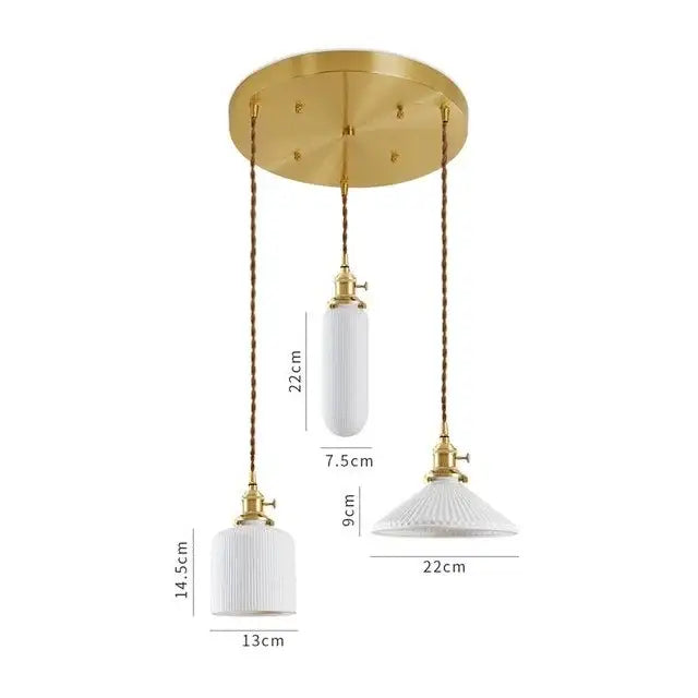 Gold-toned ceramic led pendant light with three white glass shades and braided cords for dining room decorbites ceramic led