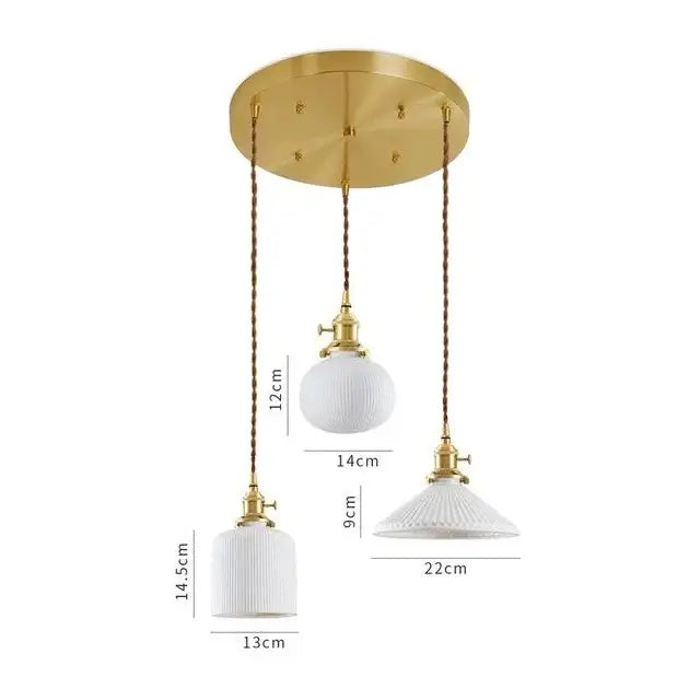 A modern ceramic led pendant light with Japanese cream ribbed shades and brass hardware for dining room decorbites ceramic led