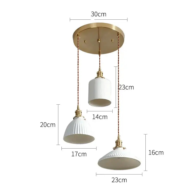 Japanese cream ribbed ceramic led pendant light set with brass accents and braided cords for dining room decorbites ceramic led