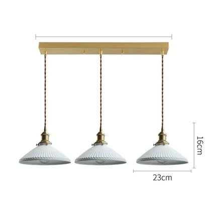 Three-light ceramic led pendant light with brass rectangular bar twisted copper cords and white ribbed shades for dining room decorbites ceramic led
