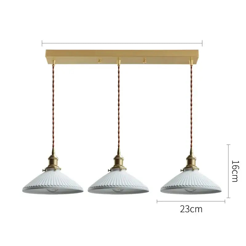 Three-light ceramic led pendant light with brass rectangular bar twisted copper cords and white ribbed shades for dining room decorbites ceramic led