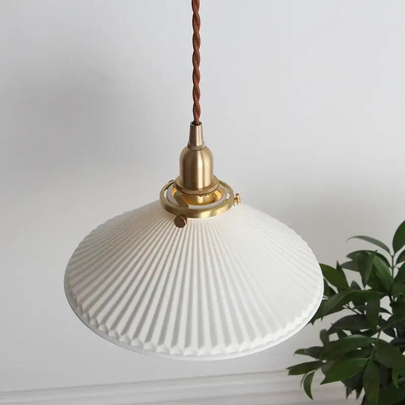 White ribbed ceramic led pendant light with brass fixture and twisted brown cord for dining room decorbites ceramic led
