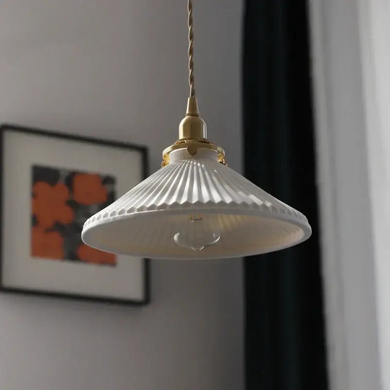 White ceramic led pendant light with fluted ribbed design and brass hardware for dining room decorbites ceramic led