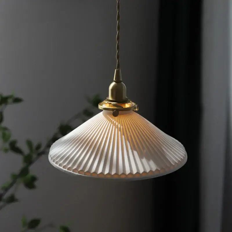 White pleated glass ceramic led pendant light with brass fixture and twisted cord for dining room decorbites ceramic led