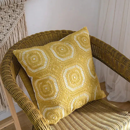A mustard-yellow cotton linen embroidery pillowcase with white geometric patterns for bedroom decorbites decor