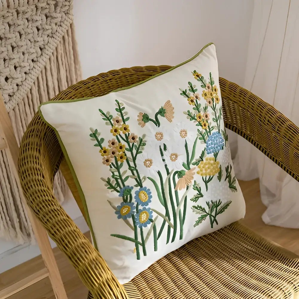 Cream-colored cotton linen embroidery pillowcase with intricate yellow blue green floral design for bedroom decorbites decor