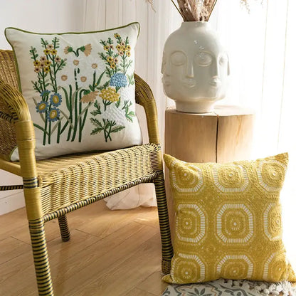 White cotton linen embroidery pillowcase with yellow blue green floral design for japanese bedroom decorbites decor