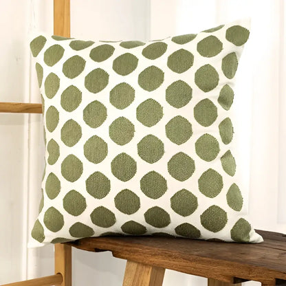 Olive green and white polka dot throw pillow with textured fabric cotton linen embroidery japanese bedroom decorbites decor