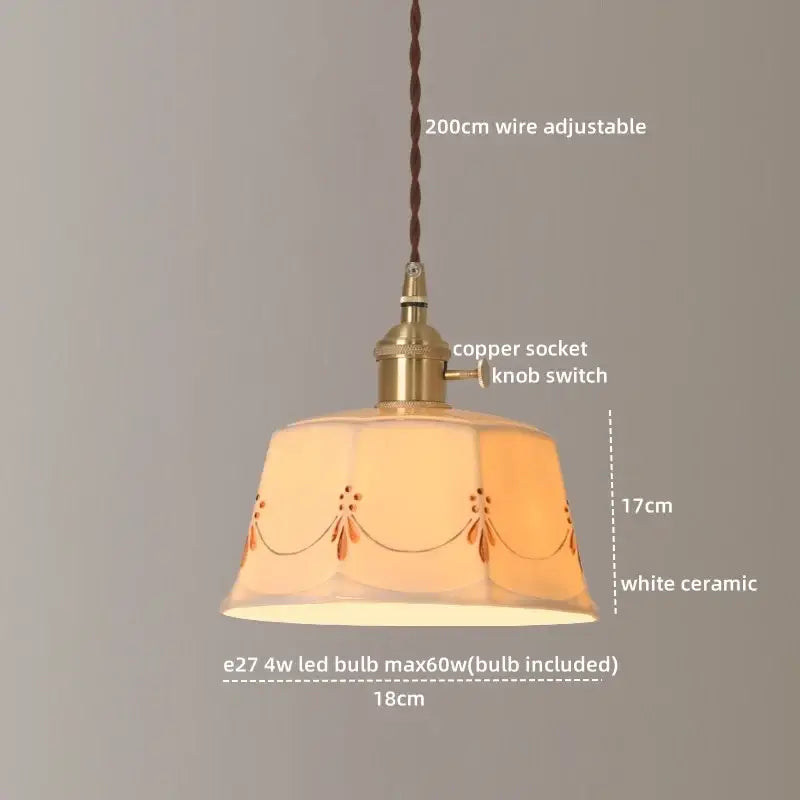 White ceramic led pendant light with brass copper socket and orange floral pattern for living room decorbites ceramic led