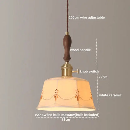A warm-toned white ceramic led pendant light with brown floral embroidery and brass accent for living room decorbites ceramic led