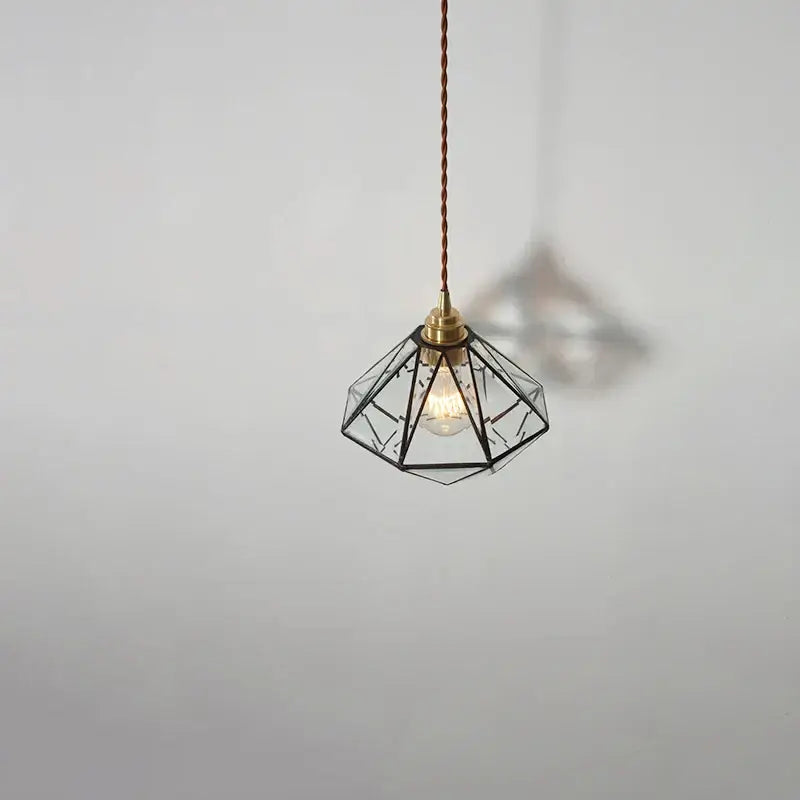Black metal framed geometric glass led pendant lamp with braided brown cord for dining room lighting