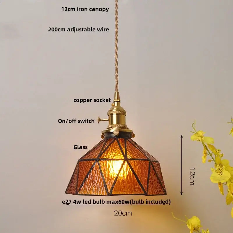 Warm amber-tinted Japanese geometric glass led pendant lamp with brass-finished copper socket and iron canopy for dining room