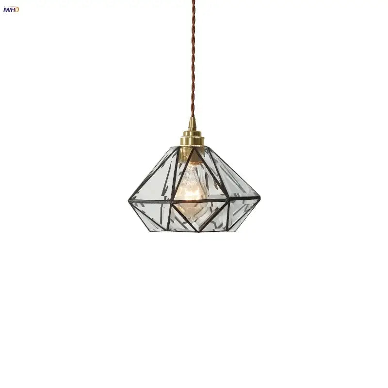 Japanese geometric glass led pendant lamp with brass frame and twisted copper cord for dining room lighting