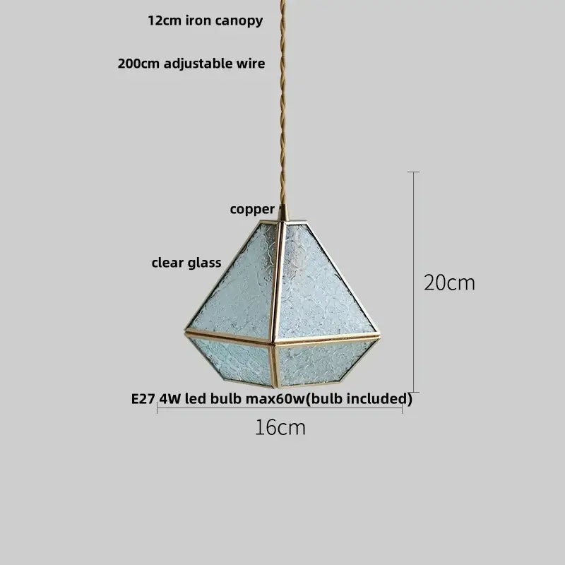 Japanese geometric glass led pendant lamp with clear textured glass panels and copper frame for dining room lighting