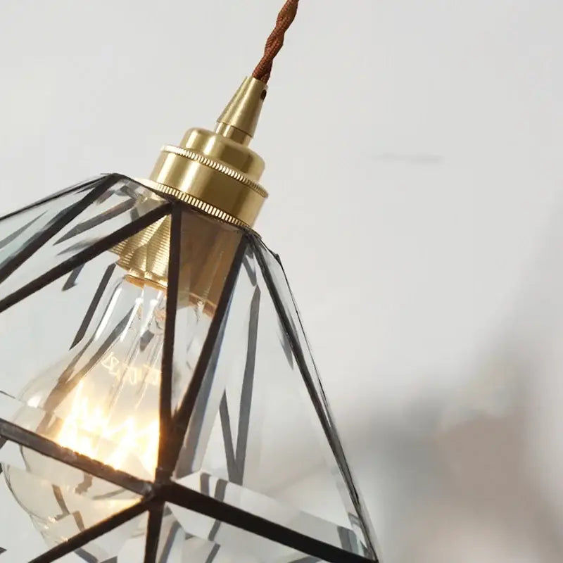 Japanese geometric glass led pendant lamp with brass hardware and visible filament bulb for dining room lighting