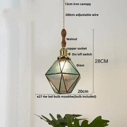 Japanese geometric glass led pendant lamp with walnut wood top copper socket and green stained glass panels for dining room
