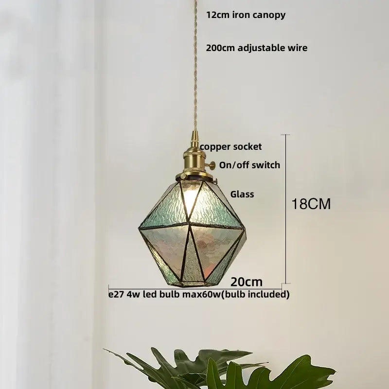 Japanese geometric glass led pendant lamp with brass accents and copper socket for dining room lighting