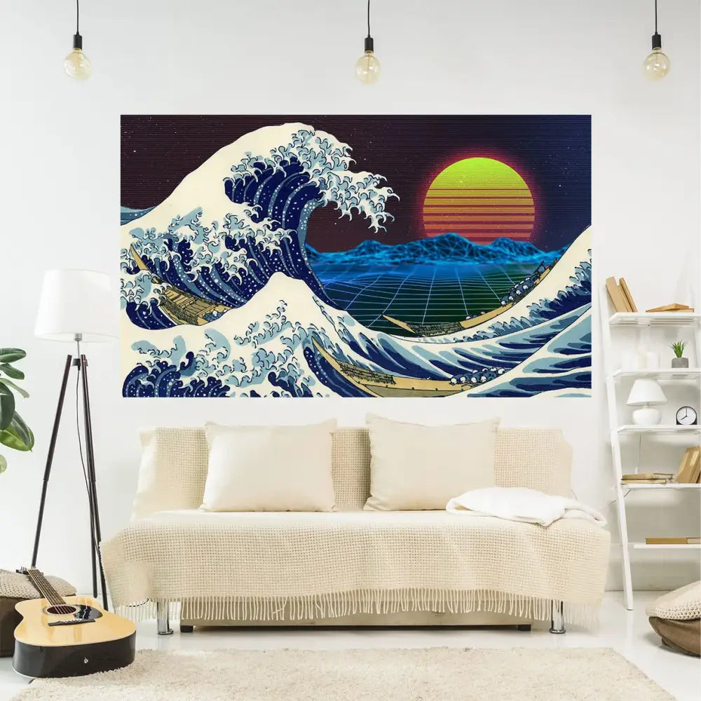 Vibrant retro-style kanagawa tapestry wall hanging featuring a stylized great wave with blue and sunset orange hues