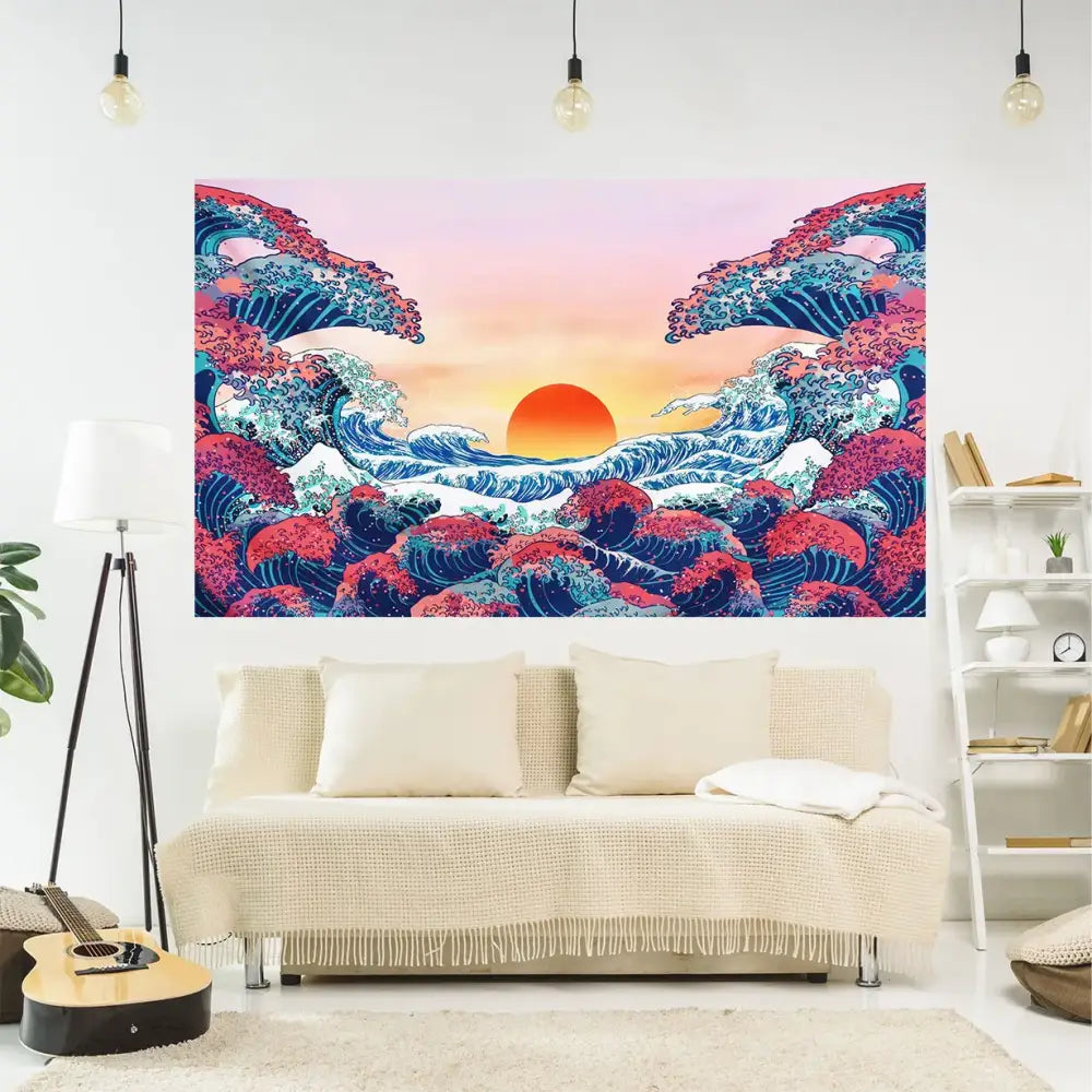 Vibrant Japanese great wave kanagawa tapestry wall hanging with stylized red and blue waves and glowing orange sun