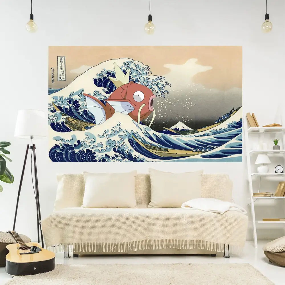 A vibrant red and white cartoon fish on blue stylized waves in a japanese great wave kanagawa tapestry wall hanging