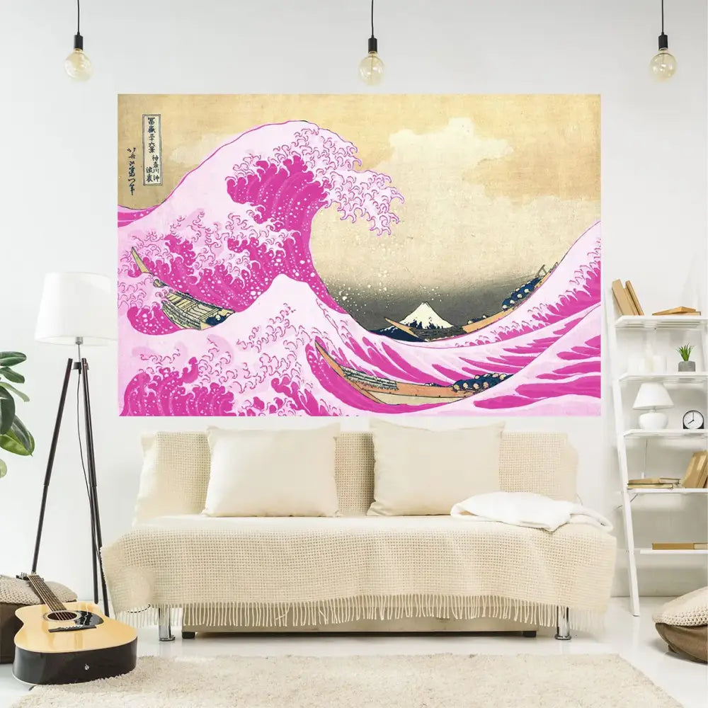 Vibrant pink kanagawa tapestry featuring a great wave with boats and Mount Fuji printed on fabric wall hanging