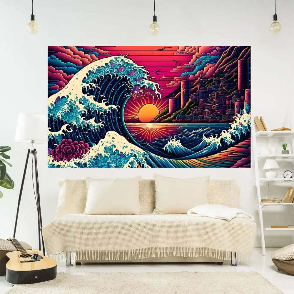 Vibrant psychedelic great wave kanagawa tapestry wall hanging with stylized sunset and cityscape in bold blues and purples