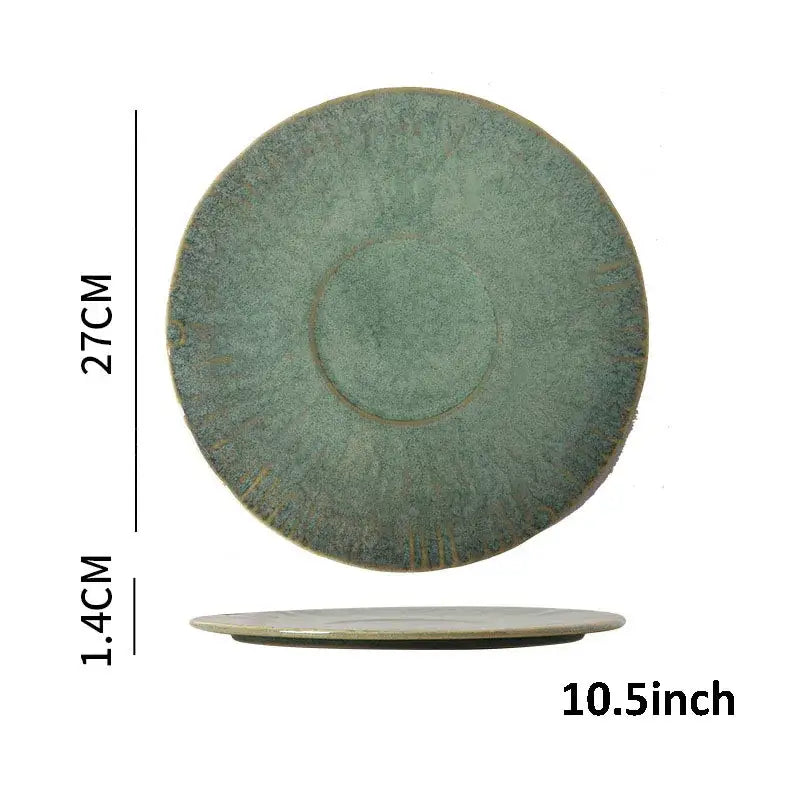 A rustic Japanese green textured ceramic dinnerware set plate with mottled sage glaze by decorbites ceramic dinnerware