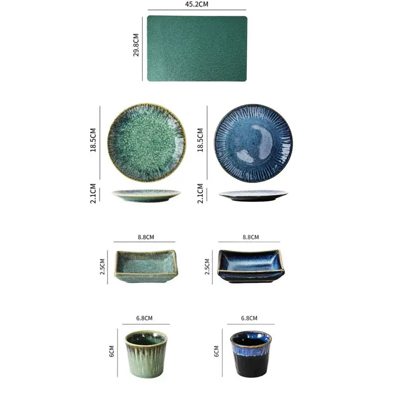 Set of decorbites ceramic dinnerware featuring green textured ceramic plates bowls and cups in a Japanese style