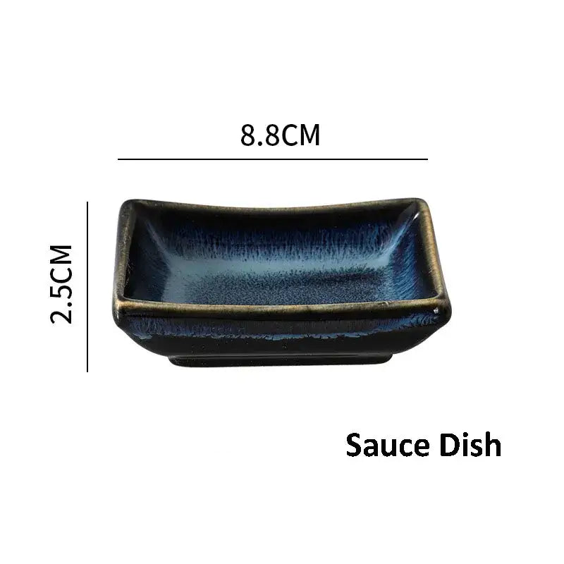 A rectangular ceramic sauce dish with deep blue glaze and gold-toned rim from decorbites ceramic dinnerware set