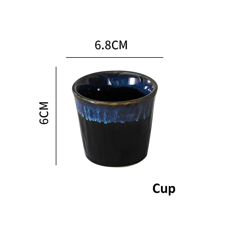 Black ceramic cup with vibrant blue glaze rim from decorbites ceramic dinnerware set for Japanese green textured dining bowl