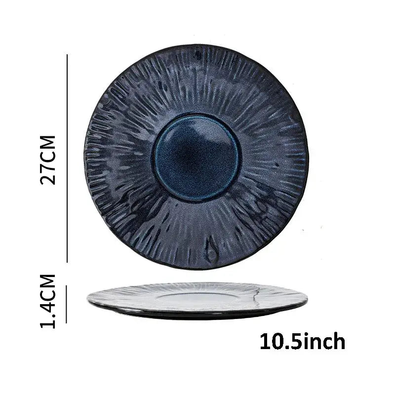 Dark blue decorbites ceramic dinnerware plate with textured sunburst pattern from japanese green ceramic dinnerware set