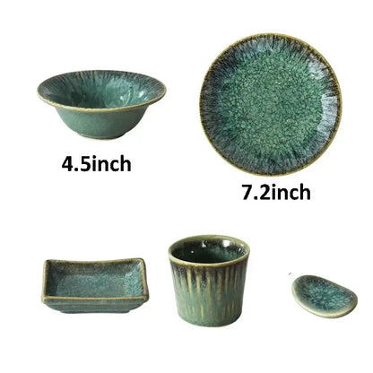 Set of five japanese green textured ceramic dinnerware pieces with crackled glaze from decorbites ceramic dinnerware set