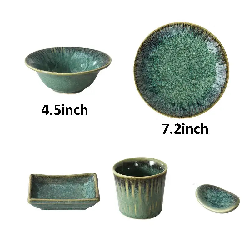 Set of five japanese green textured ceramic dinnerware pieces with crackled glaze from decorbites ceramic dinnerware set