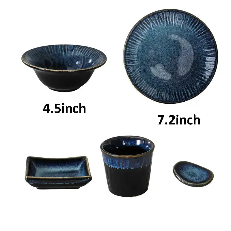 Set of five blue glossy decorbites ceramic dinnerware pieces with textured ribbed edges for dining use