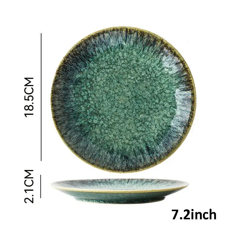 Japanese green textured ceramic dinnerware set bowl featuring speckled glaze in green and blue by decorbites ceramic dinnerware