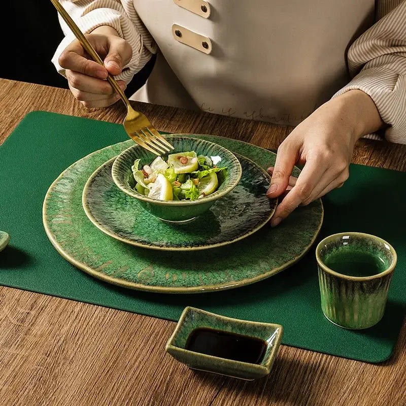 Green ceramic salad bowl with textured glazed finish and irregular rim from decorbites ceramic dinnerware set