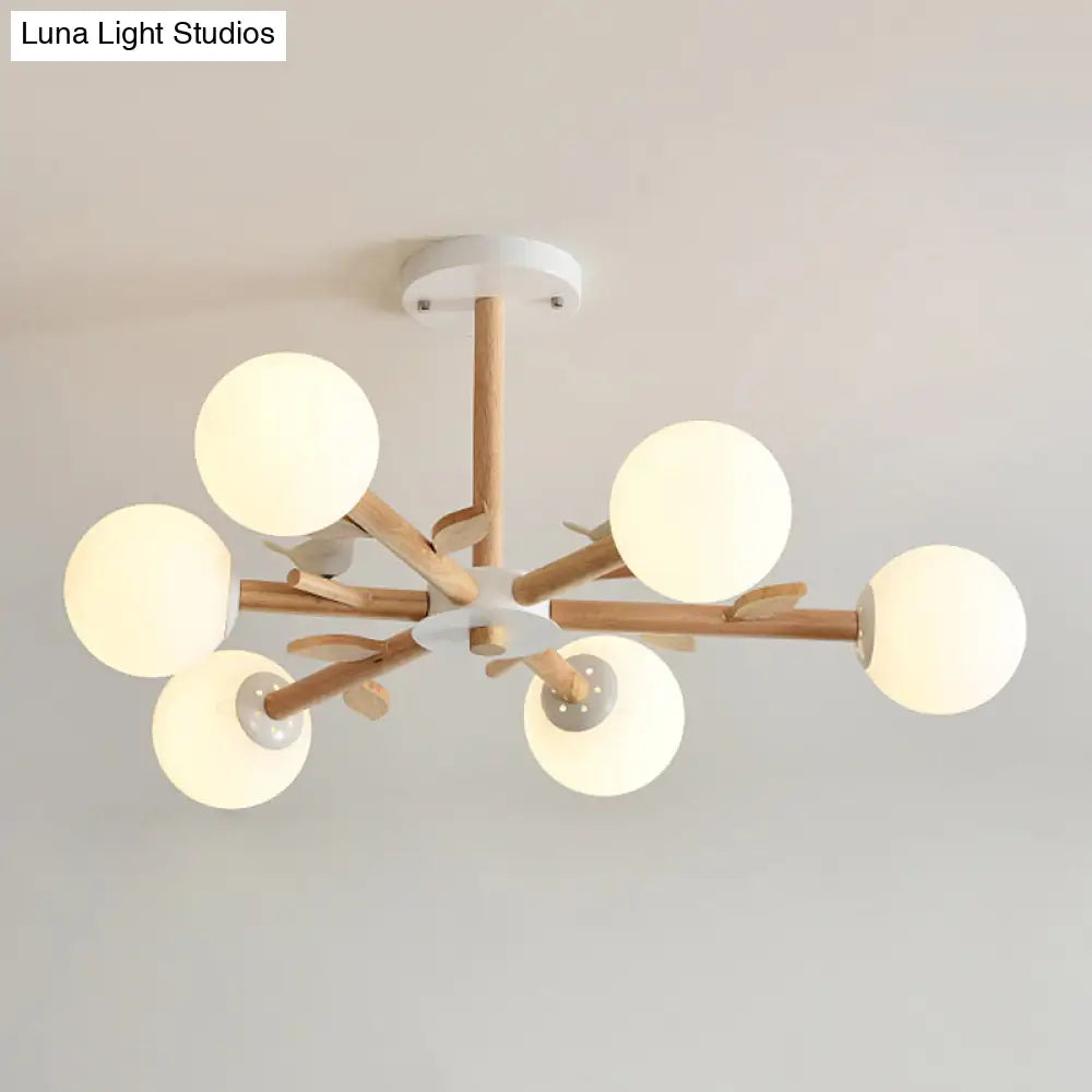 Japanese-Inspired Bedroom Chandelier with Orb Shade, Birds, Wood, and Glass in White