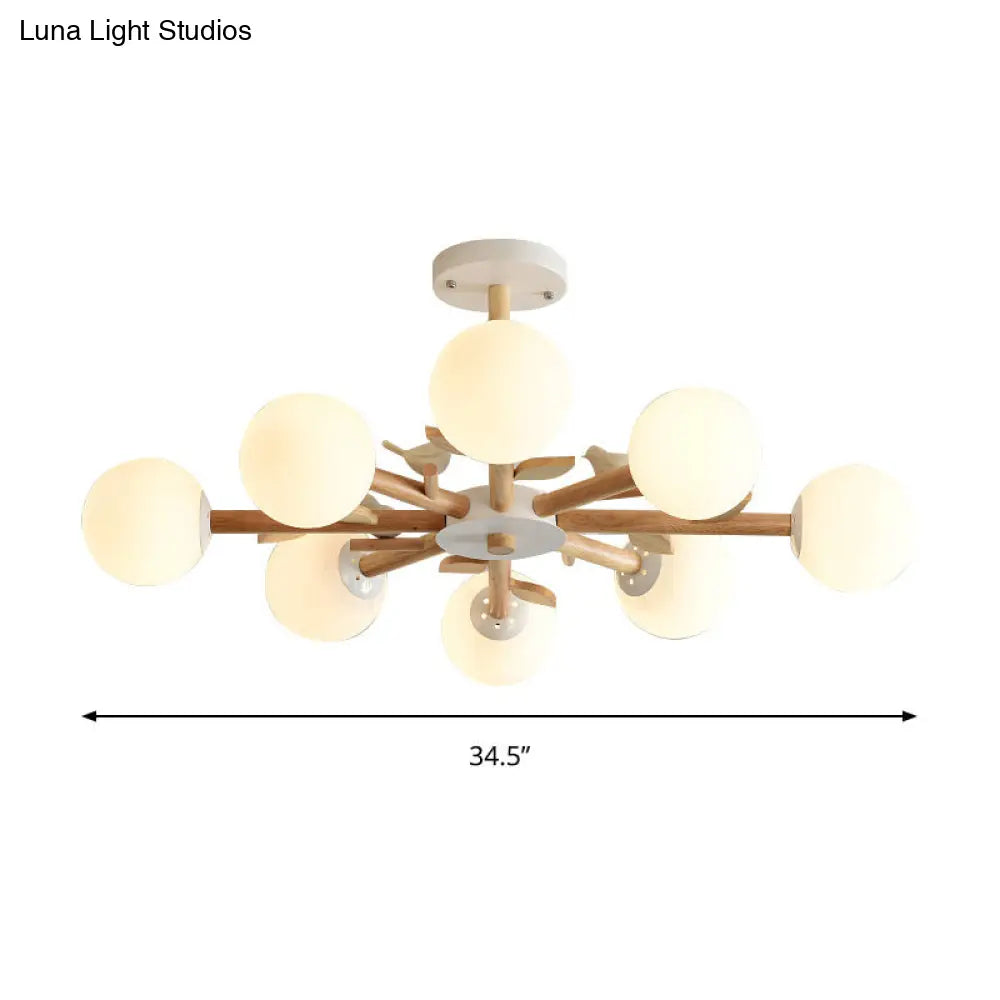 Japanese-Inspired Bedroom Chandelier with Orb Shade, Birds, Wood, and Glass in White