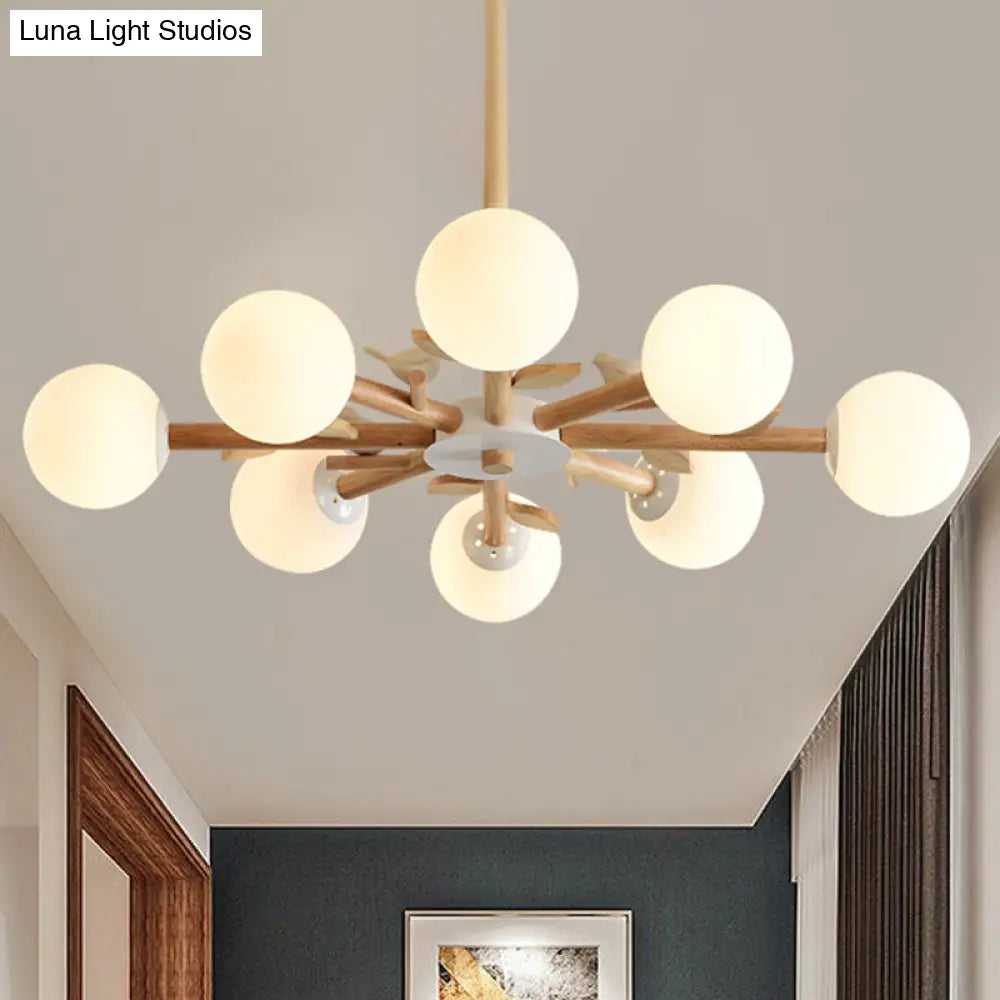 Japanese-Inspired Bedroom Chandelier with Orb Shade, Birds, Wood, and Glass in White