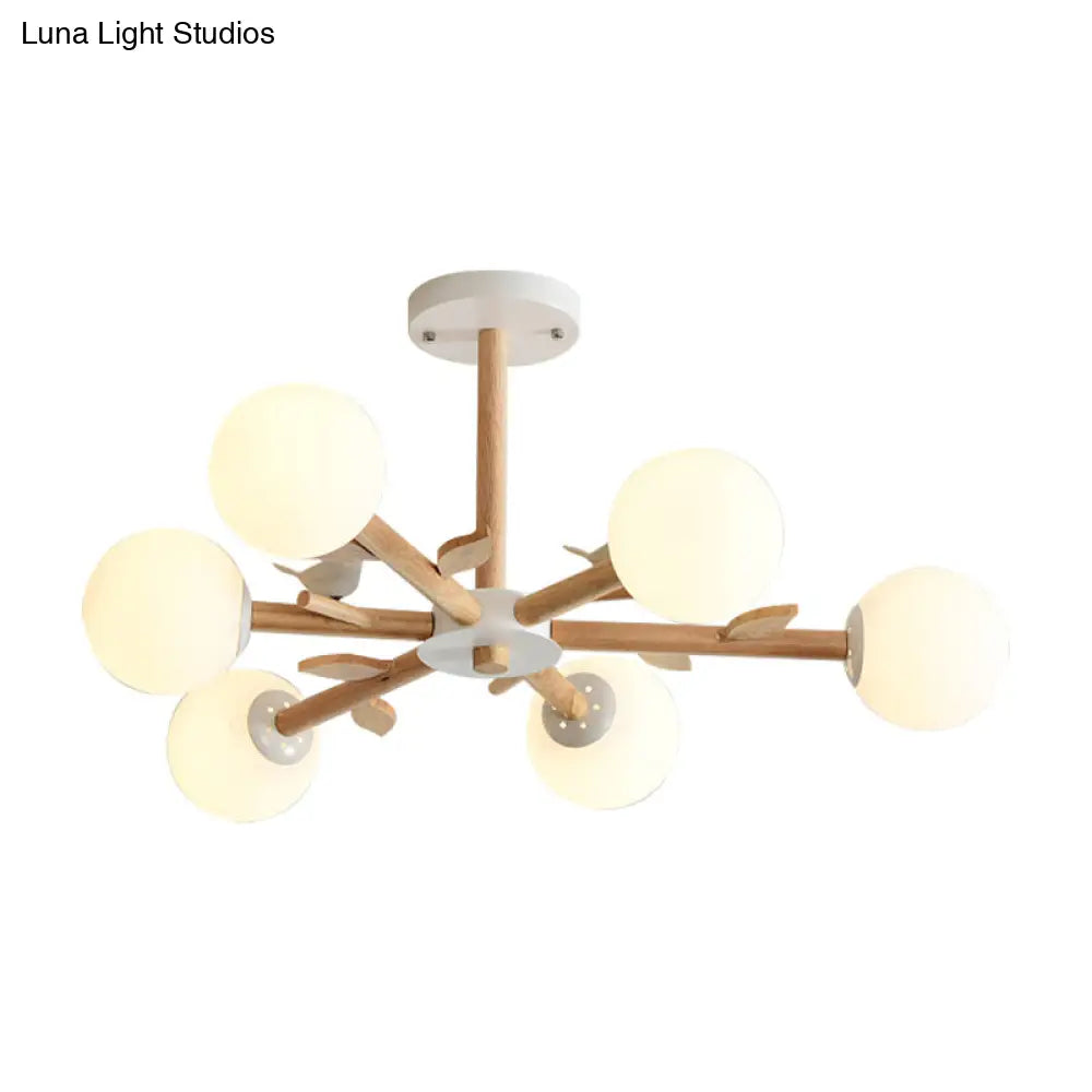 Japanese-Inspired Bedroom Chandelier with Orb Shade, Birds, Wood, and Glass in White