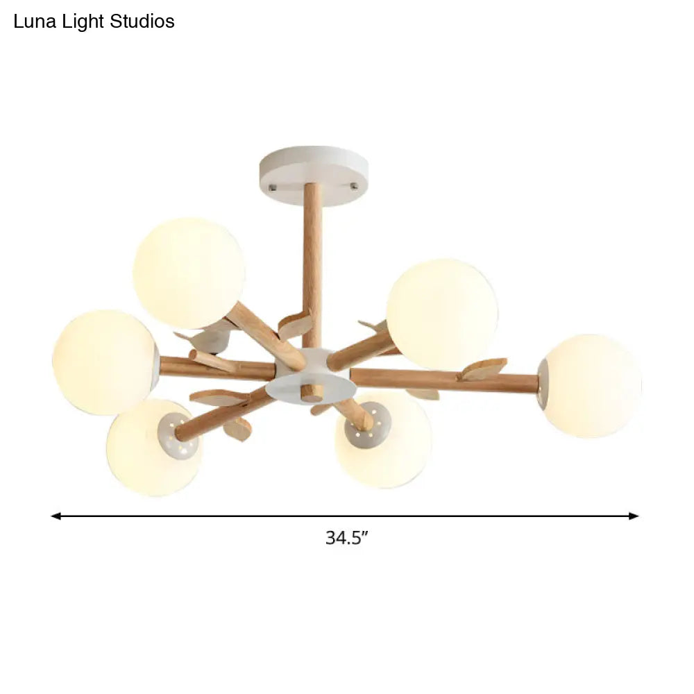 Japanese-Inspired Bedroom Chandelier with Orb Shade, Birds, Wood, and Glass in White