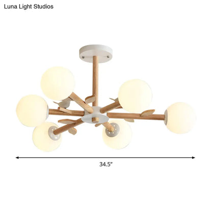 Japanese-Inspired Bedroom Chandelier with Orb Shade, Birds, Wood, and Glass in White