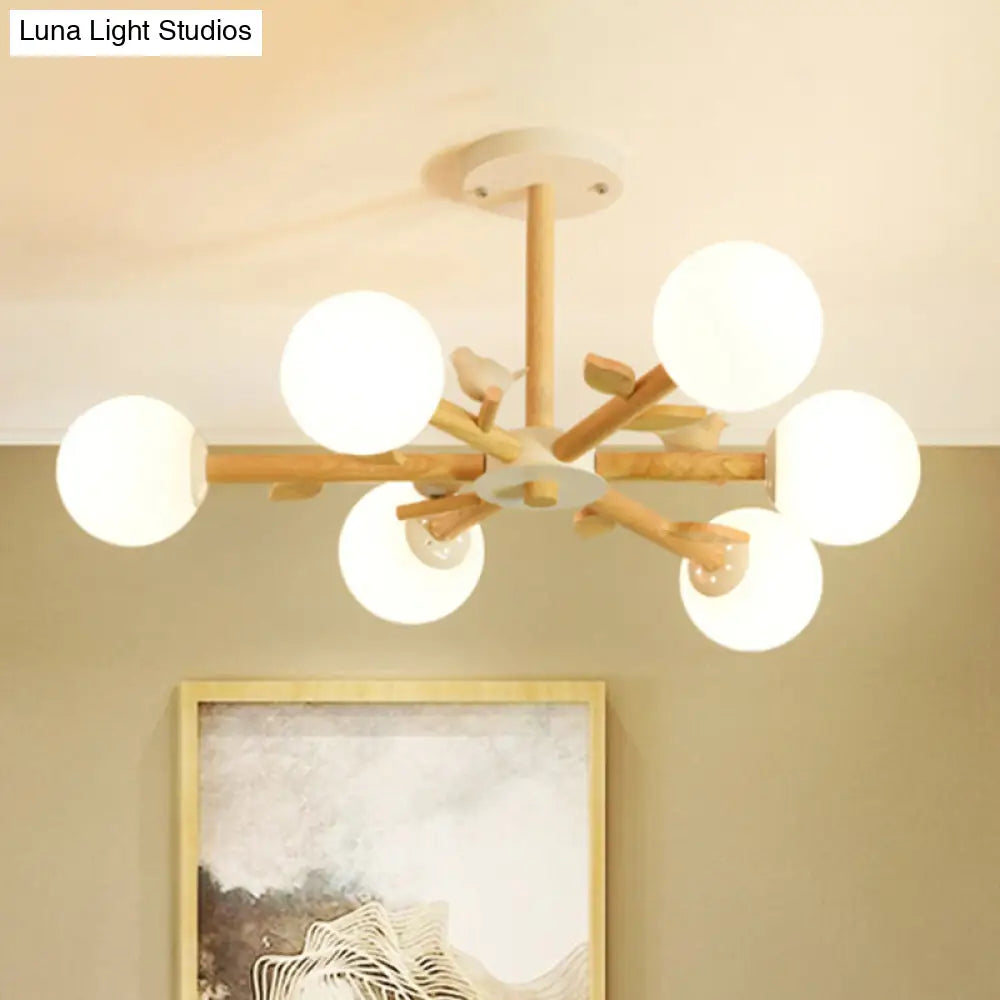 Japanese-Inspired Bedroom Chandelier with Orb Shade, Birds, Wood, and Glass in White