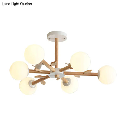 Japanese-Inspired Bedroom Chandelier with Orb Shade, Birds, Wood, and Glass in White