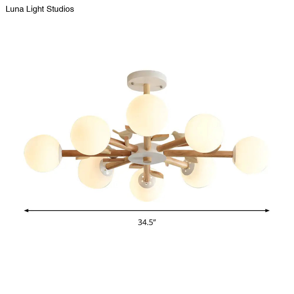Japanese-Inspired Bedroom Chandelier with Orb Shade, Birds, Wood, and Glass in White