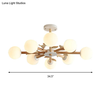 Japanese-Inspired Bedroom Chandelier with Orb Shade, Birds, Wood, and Glass in White