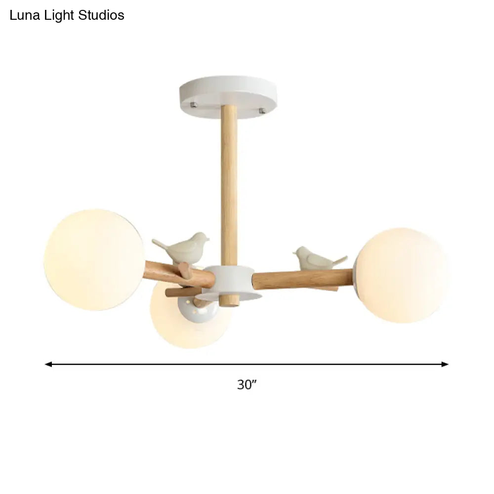 Japanese-Inspired Bedroom Chandelier with Orb Shade, Birds, Wood, and Glass in White