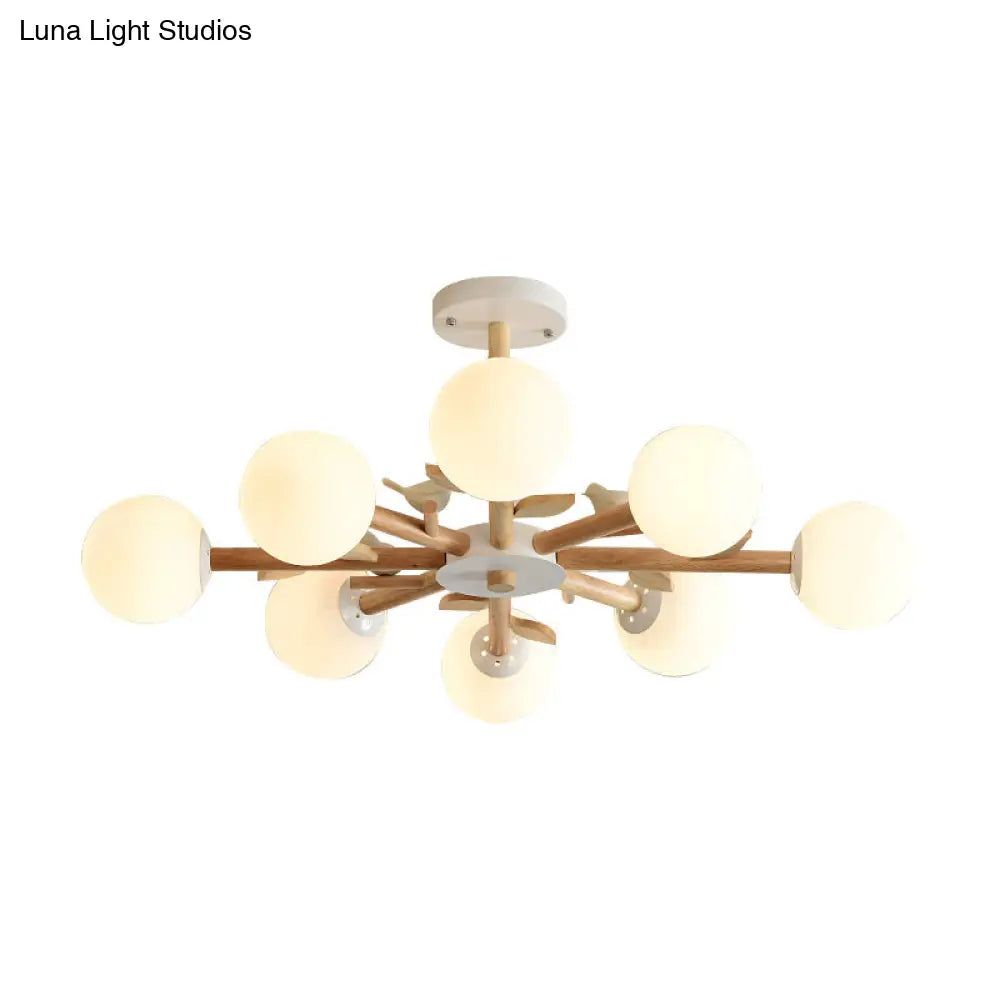 Japanese-Inspired Bedroom Chandelier with Orb Shade, Birds, Wood, and Glass in White