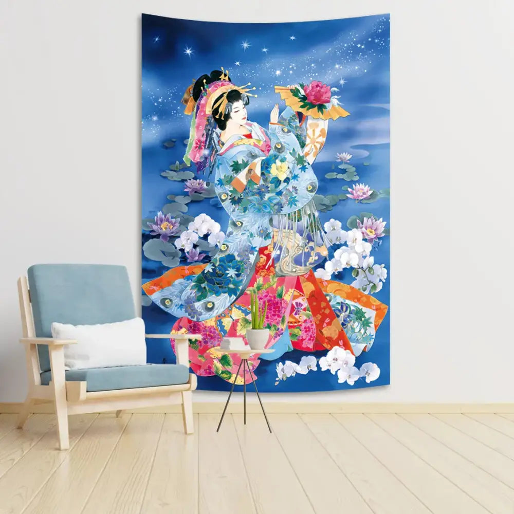 Vibrant blue and pink floral-patterned japanese kimono tapestry with sakura background for home decorbites geisha wall decor