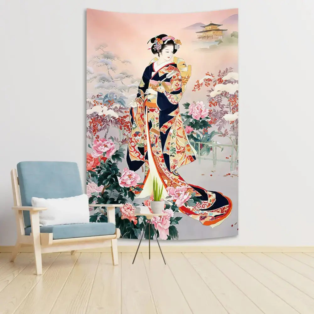 A vibrant decorbites geisha kimono tapestry featuring floral patterns and sakura background for home decor wall hanging